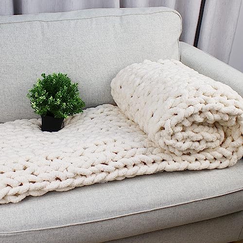 Carriediosa Chunky Knit Throw Blanket Chenille Loop Yarn Handmade Soft Fluffy Throws For Couch Sofa Bed Home Decor Breathable Cozy Heavy Thick Knitted Blanket Washable, 50" X 60" Cream White #TOP3