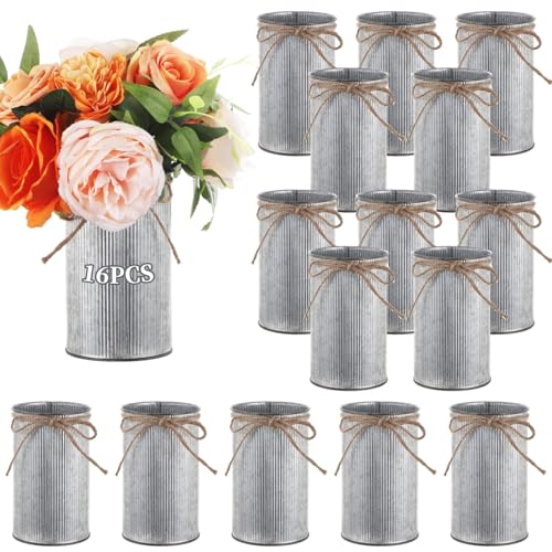 16 PCS Galvanized Flower Vases 4.33in Rustic Galvanized Iron Vase with Twine Bowknot Small Farmhouse Metal Vase with Non-Slip Stripes