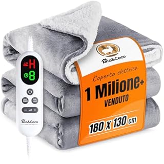 Coperta elettrica Mia&Coco, 180x130 cm, 10 impostazioni di temperatura, timer di spegnimento automatico dopo 9 ore, protezione dal surriscaldamento, lavabile in lavatrice, grigio