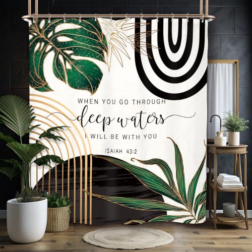 Miyotaa Abstract Modern Emerald Green Shower Curtain Set 60Wx71H Inches Minimalist Neutral Contemporary Aesthetic Bible Quotes Inspirational Positive Waterproof Bathroom Curtain with 12 Hooks