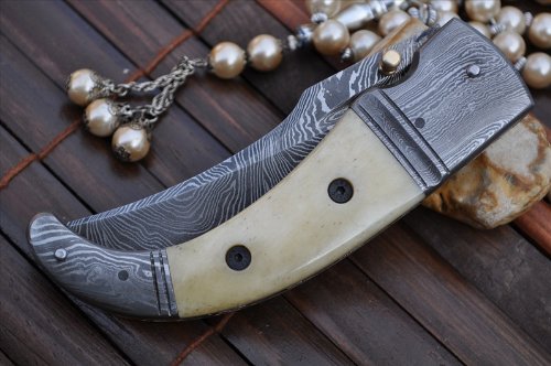 Perkin - Damascus Steel Folding Knife Camel Bone N Damascus Handle With Handmade Leather Pouch #TOP1