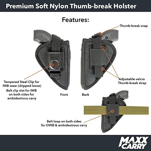 Maxx Carry Owb & Iwb Nylon Thumb Break Revolver Holster For Ruger Lcr, Lcrx, Sp101 | S&W Bodyguard 38 Special, M&P 340 | Taurus 85, 605, 856 And Other Snub Nose Revolvers. Ambidextrous #TOP2