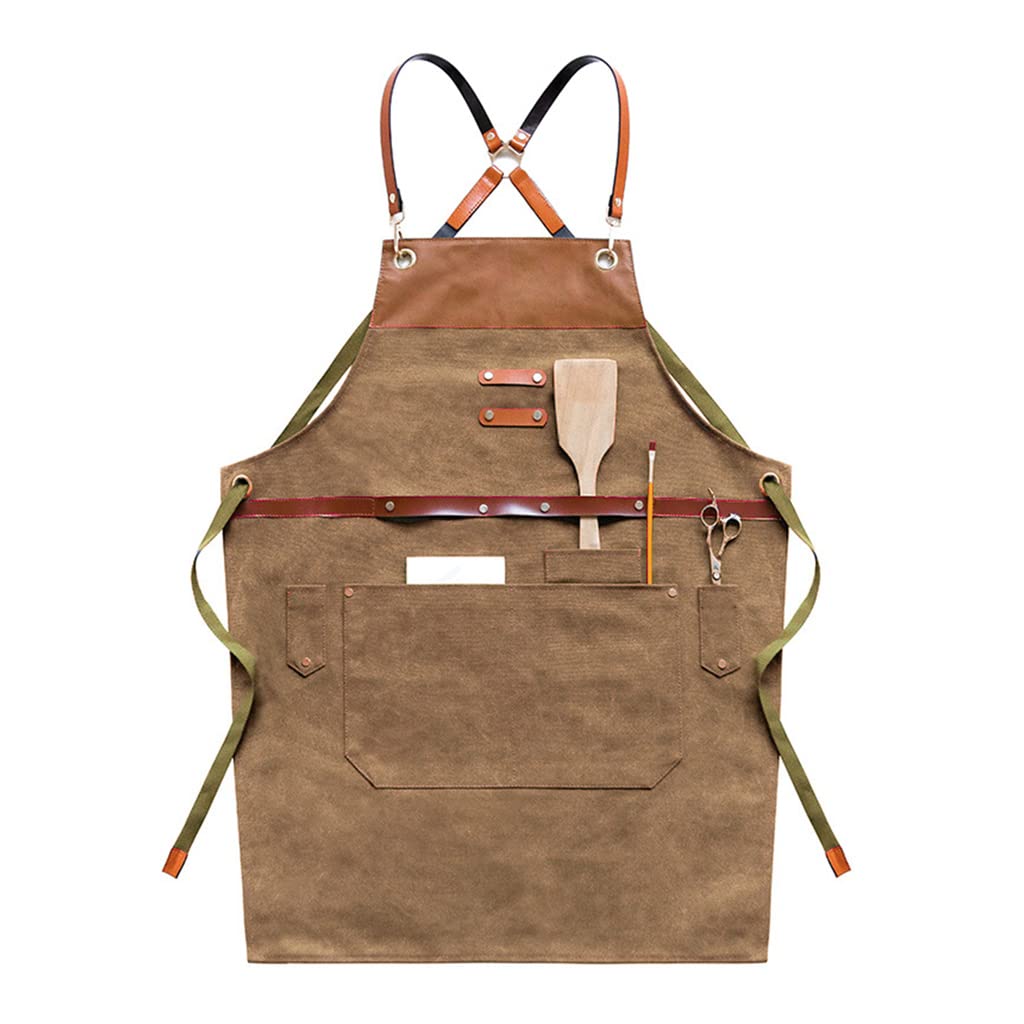 JzcsdkSIL Chef Apron Waterdrop Resistant Aprons With For Cross Back Adjustable Strap And Large Pockets, Red Brown