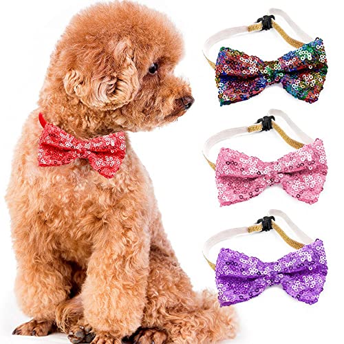 CHUYIX 4Pcs Einstellbare Pailletten Hund Fliege Halsbänder Haustierhalsbänder Hundepflege Zubehör Weihnachten Urlaub Pailletten Haustierhalsband Katze Welpen Kaninchen Elastisches Halsband