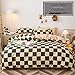 LAMEJOR Duvet Cover Set Queen Size Beige/Gray Checkered Bedding Set Comforter Cover (1 Duvet Cover+2 Pillowcases)