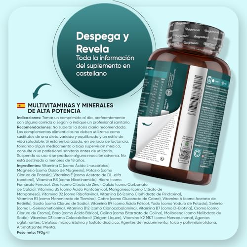 Multivitaminas y Minerales, 400 Comprimidos Veganos, 27 Vitaminas y Minerales - Vitamina C, Vitamina B, D, E, Magnesio, Zinc, Calcio, Hierro y Más, Para +1 de Año, Sabor Menta - imagen 5