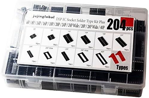 204pcs 11 Types DIP IC Socket Kit 2.54mm 0.1" Pitch 6 8 14 16 18 20 24 24Wide 28 28Wide 40 Pin DIP IC Socket Solder Type Adaptor Assortment Kits