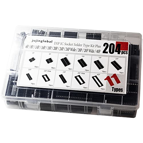 204Pcs 11 Types Dip Ic Socket Kit 2.54Mm 0.1" Pitch 6 8 14 16 18 20 24 24Wide 28 28Wide 40 Pin Dip Ic Socket Solder Type Adaptor Assortment Kits #TOP1