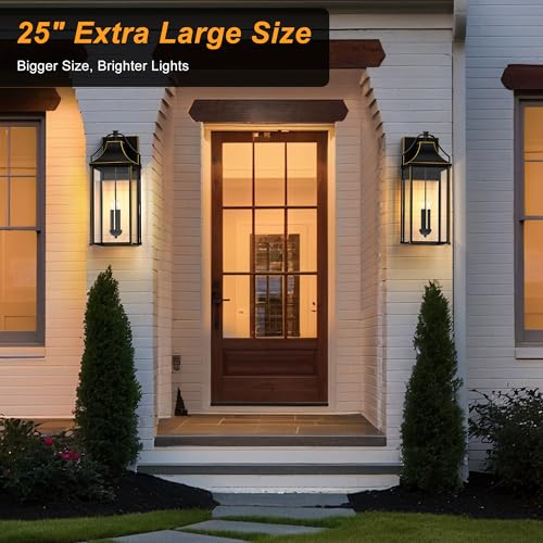 Lawyettle 𝟐𝟓-𝐈𝐍𝐂𝐇 Dusk to Dawn Outdoor Wall Light, Large Size Waterproof Patio Lanterns, 3-Light Black with Gold Trim Exterior Wall Mount Outside Sconce with Glass for House by Lawyettle - Used condition - Image 2