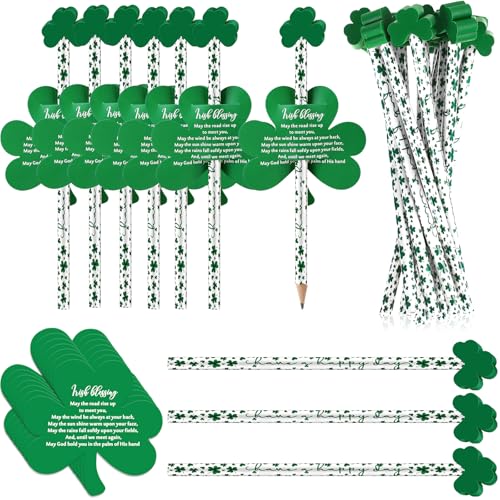 Zhanmai St. Patrick's Day Pencils with Erasers Shamrock Pencils with St. Patrick's Day Card, Green Erasers Shamrock Greeting Cards for Gift Prize Supplies(100 Sets)
