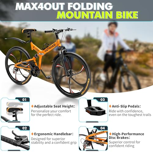 26 Inch Foldable Mountain Bike, 21 Speed Suspension Bicycle