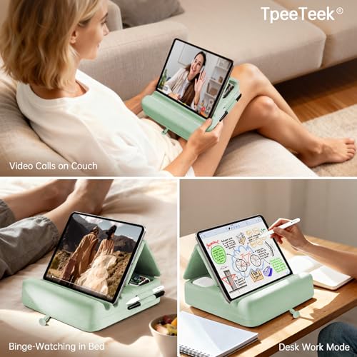 Image of Tablet Pillow Stand with Storage, Foldable iPad Holder for Lep, Bed, Sofa, and Desk - Soft Pad Dock with Pocket and Stylus Mount Compatible with 4-13 inch iPad Pro /Air /Mini, Galaxy Tab, Kindle