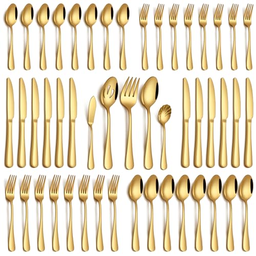 Image of PHILIPALA 45 Piece Gold Silverware Set with Serving Utensils, Stainless Steel Flatware Set for 8 Food Grade Novelty Cutlery Utensil Set Include Knife Fork Spoon Mirror Polished Dishwasher Safe