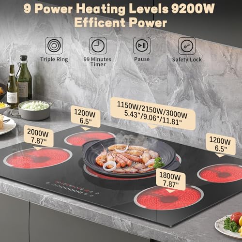 Image of Electric Cooktop 34.25 Inch(Cut-out Size: 34.25 inchx19.3 inch) - 9200W 36 Inch High Power 5 Burners Electric Stovetop, Built-in Ceramic Burner, Safety Lock, Expandable Ring, 240V Hard Wired (No Plug)
