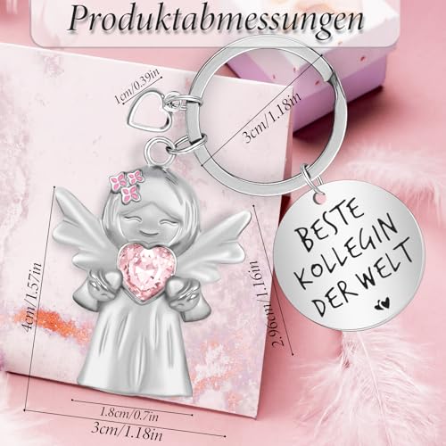 YnewL Beste Kollegin Schlüsselanhänger Schutzengel Glücksbringer Matt mit Edelsteinen, mit Herz und Gravur - Abschied Kollege Abschiedsgeschenk(Rosa)