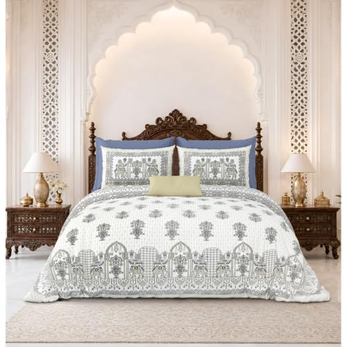 Image of 240 TC 100% Cotton Bedsheet for Double Bed King Size with 2 Pillow Covers | Breathable & Super Soft Rajasthani Sanganeri Jaipuri Printed Bed Sheet -108 * 108 Inches (Jaipur Guldasta)
