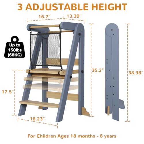 Image of ROOMTEC Foldable Toddler Kitchen Tower, 3 Adjustable Height Wooden Step Stool, Toddler Standing Tower with Safety Net (Gray)