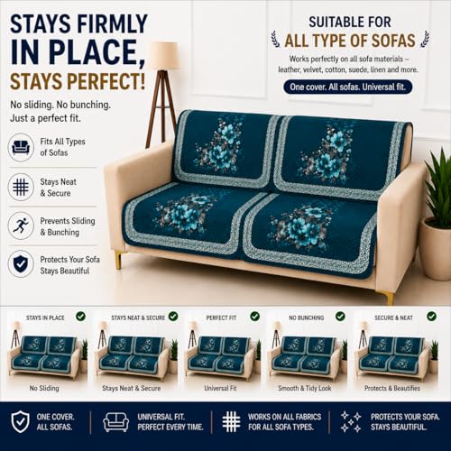 Image of Homerz 'Brooklyn Series' Premium Sofa Cover | Quilted Floral Design | Non-Slip Washable Sofa Protector | Soft Anti Slip Fabric (Teal, 2 Seater, Seat Cover with Backrest)
