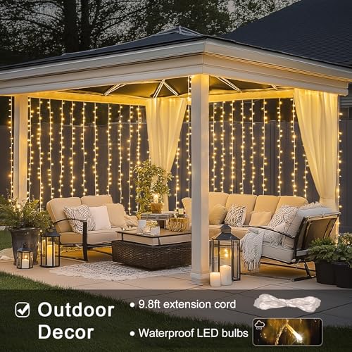 JMEXSUSS 300 LED Remote Control Christmas Curtain Lights, Plug in Fairy Curtain Lights Outdoor, Window Wall Hanging Curtain String Lights for Bedroom Backdrop Wedding Party Indoor Decor, Warm White - Image 4