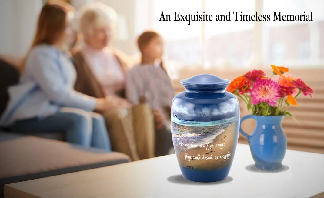 Footprints Cremation Urn - Ocean Blue Memorial Urn with Beach & Waves – Full-Size Handcrafted Metal Funeral Urns for Men & Women’s Ashes (Up to 210 lbs) – A Beautiful Tribute for Ocean Lovers - Image 7