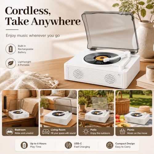 Image of Portable CD Player with Speakers, 6H Playtime with Bluetooth 5.4, Hi-Fi Bass Boost, 5000mAh Battery for Home Decor, Bedroom, Outdoor, Gift (White)