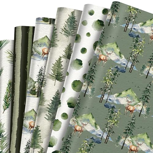 12 Sheet Forest Wrapping Paper Green Water Forest Theme Gift Wrapping Paper 6 Styles Watercolor Woodland Gift Wrap Papers Whith Christmas Tree Elk Pattern Design Art Paper for Birthday Xmas 20 x 27
