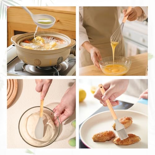 Küchenhelfer Set, Silikon Küchenutensilien Set, Antihaft Hitzebeständiger Holzgriff Kochbesteck mit Utensilienhalter, Spachtel Set, Kochlöffel,12-teilig(Khaki)