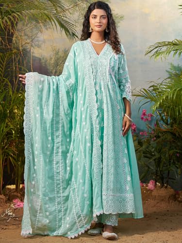 Image of INDO ERA Women's Anarkali Pure Cotton Ethnic Motifs Embroidered Kurta & Pant with Dupatta Set (IEOUT10183)