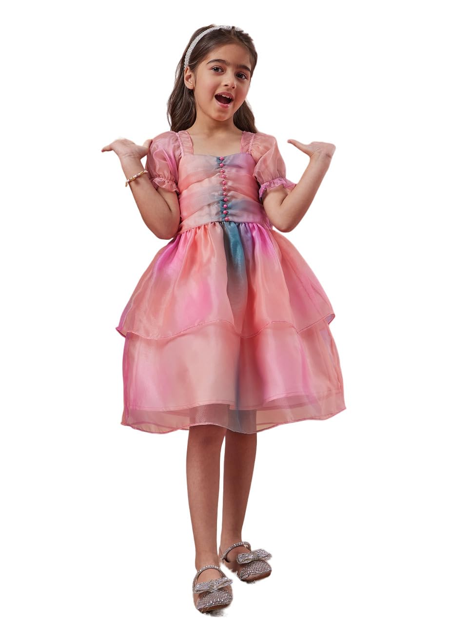 Pspeaches Girl's Square Neck Short Puff Sleeves Fit Flare Dress Casual Wear Trand (10-11Years) Multicolour