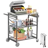 Ciokea Folding Outdoor Grill Cart with Wheels, 3-Shelf Grill Table with 27x18IN Stainless Steel Top, Rolling Pizza Oven Stand, Metal Portable Cart for BBQ Patio Camping (Grey)