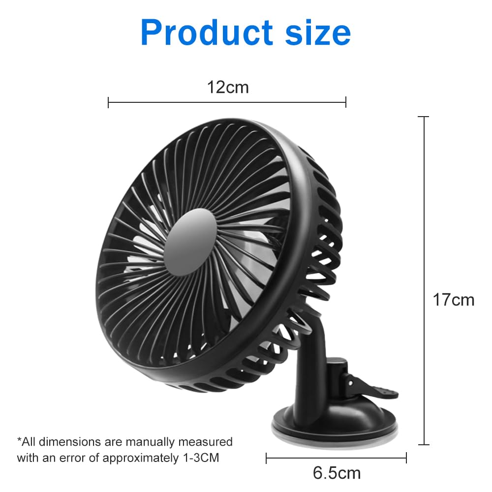 Ventilatore Auto USB, Portatile Ventilatore 360° Ruotabile con Ventosa, 3 Velocità Ventilatori USB Da Tavolo Silenzioso per Cruscotto Auto, Finestra Casa