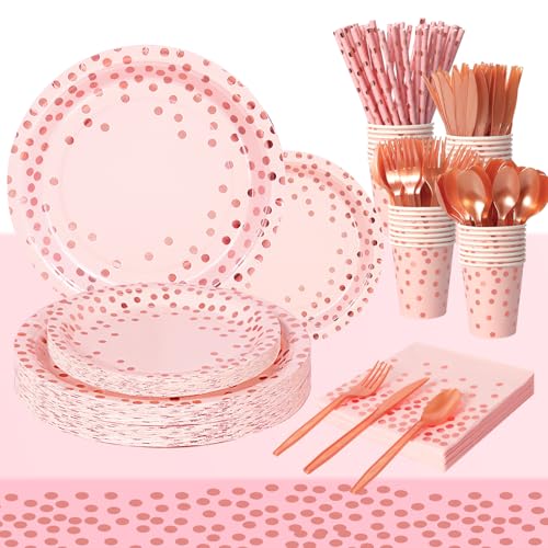 Nkaiso Pink and Rose Gold Party Supplies, 193 Pieces Party Dinnerware Set Includes Party Paper Plates Cups Napkins Straws and Silverware for Birthday Wedding Babyshower Parties Decorations-24 Guests
