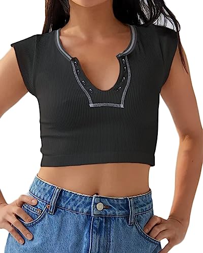 Beumissy Women's Crop Top Crew Neck T-Shirt Short Sleeve Ribbed