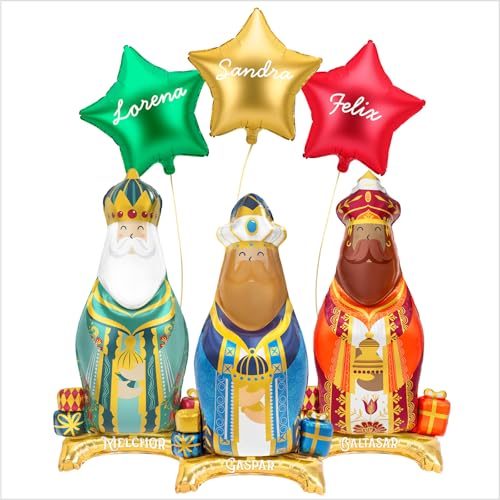 OH YEAH - 3 Globos Foil Reyes Magos Metalizado PERSONALIZADO 110 Cm - 3 Globos Foil Estrella Metalizada Personalizada Nombre 48 Cm - Globo Navidad- Decoración Navidad - Reyes Magos - ELIGE TU NOMBRE