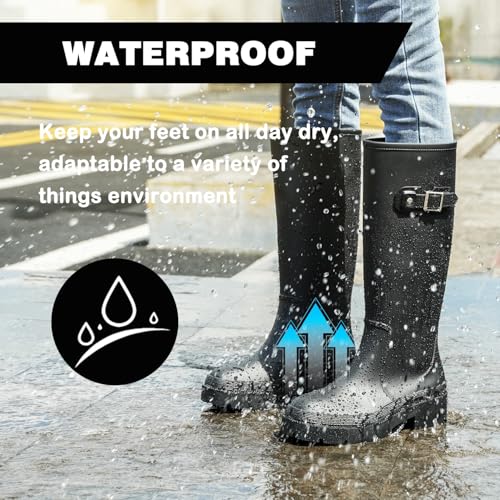 Lvptsh Gummistiefel Damen Hoch Regenstiefel Langschaft Wellington Boots Wasserdichte Gummischuhe Garten Stiefel Anti Rutsch Rain Boots,Schwarz,EU39