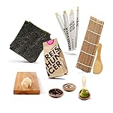 Reishunger Sushi Einsteiger Box inkl. Rezeptkarte - Komplett-Set mit original Japanischen Zutaten wie Sushi Reis, Bambusmatte, Sojasauce, Nori Algen, Wasabi, Ingwer, Essstäbchen - Perfekt auch als Geschenk
