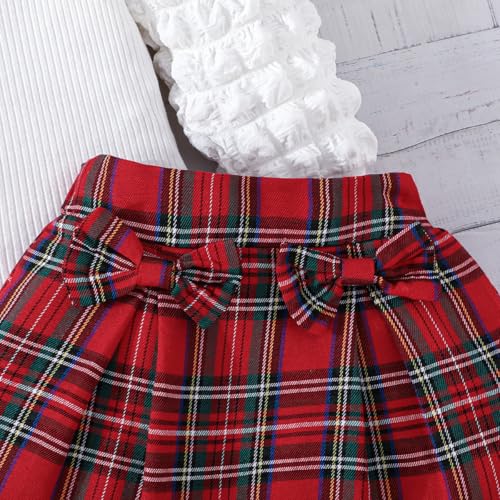 Image of Noubeau Toddler Girls Plaid Outfits Girls Puff Sleeve Knit Ribbed Shirt Tops Plaid Skirt Set Kids Fall Winter Clothes