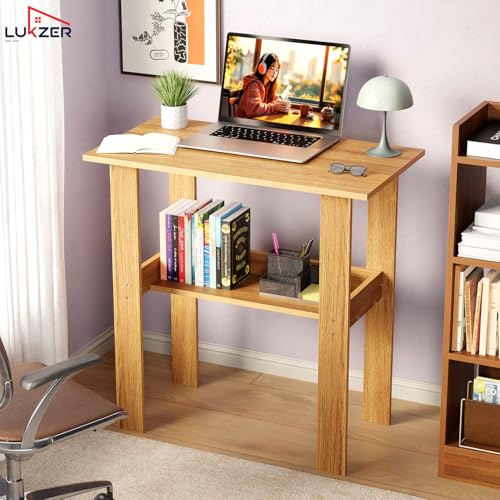 Image of Lukzer Engineered Wood Study Table | Modern Computer Table for Home & Kids Study Room | ST-004S /Oak Light | Compact Design Office Desk with Storage Shelf Work from Home Laptop Table Gaming Workstation
