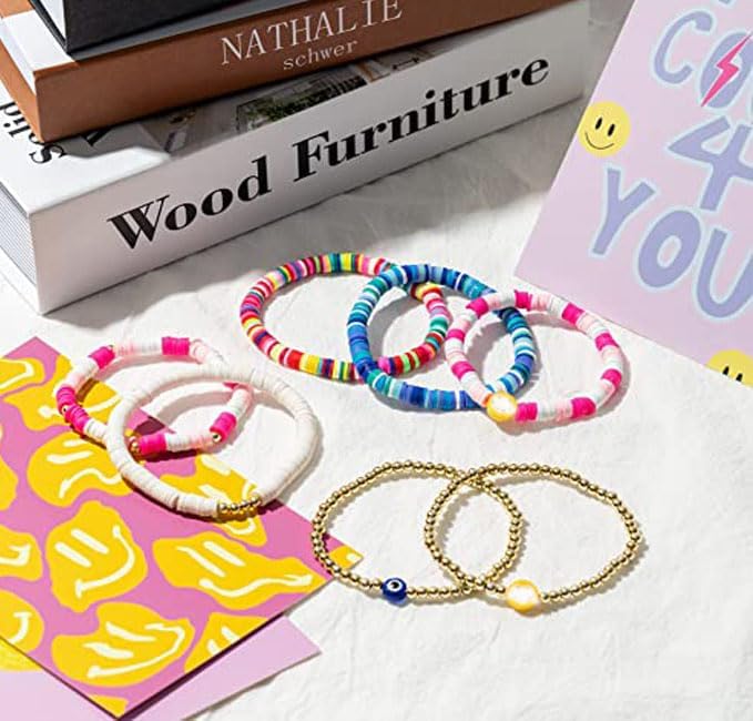 Boho Surfer Heishi Clay Bead Bracelets for Women Stackable Bracelet,Bohemian Gold Bracelets Evil Eye Beaded Stretch Chain Trendy Stuff - Image 3