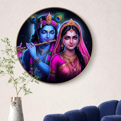 Image of Livin'luxe Radha Krishna Round Art Print with Golden Frame | Divine Flute HD Art Print for Pooja Room Living Room Temple Decor (20x20 Inch) Art-GRL-204