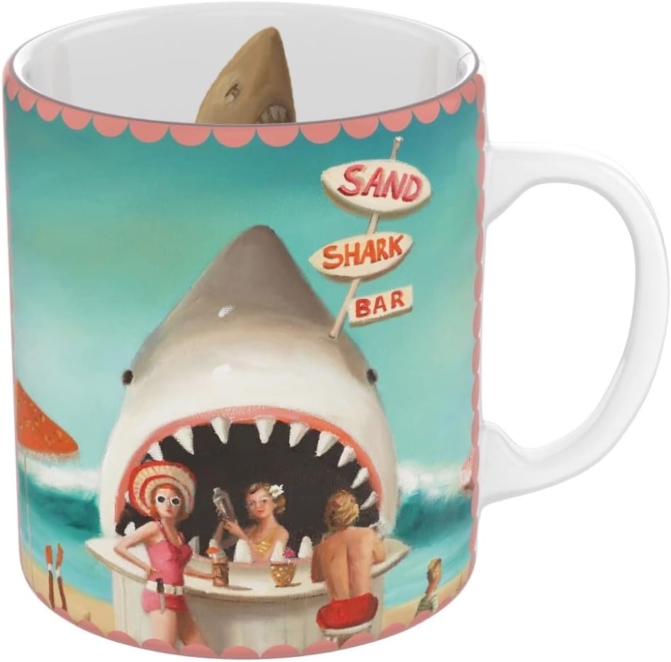 New York Puzzle Company Janet Hill Shark Bar 15oz Porcelain Multi-color, Microwave & Dishwasher Safe 4.25''x5'' Cylindrical Mug