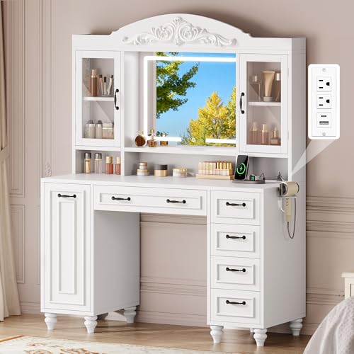 YITAHOME Makeup Vanity Desk with Mirror and Lights, Power Outlet, Glass Top Big Vanity Table with 9 Drawers and Storage Shelves, Vintage Style Dressing Table Set White