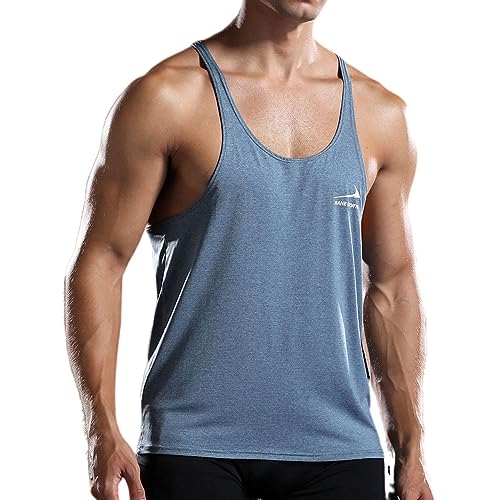Rane Sports Camiseta de entrenamiento de atletismo para hombre, camiseta de entrenamiento sin mangas con espalda en Y. Camiseta de gimnasio sin mangas, Azul y gris., M