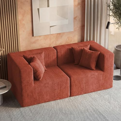 Image of MONVANE 75 inch Loveseat Sofa, Comfy Chenille Modular Sectional Sofa with 4 Pillows, Modern Deep Seat Boneless Couch, 2 Seater Sofa for Living Room, Bedroom and Apartment, Rust Red