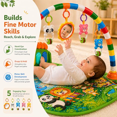Image of Lifelong Jungle Piano Playgym | Musical Mat with Lights, Hanging Toys & Mirror | Soft Tummy Time & Crawling Play Mat | Motor & Fine Skills Development | Kick & Play Piano Fitness Rack (0-24 Months)