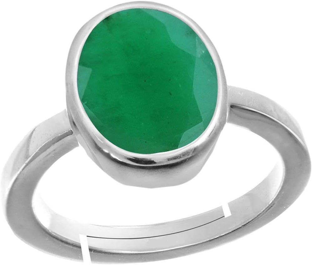 Natural Panna Stone Silver Plated Emerald Adjustable Panna Ring Certified Loose Gemstone (Green, 2.25 Ratti 2.00 Carat) for Men Women Silver Plated Emerald Silver Plated Emerald