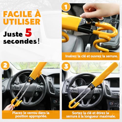 Tevlaphee Antivol Voiture, Canne Antivol Voiture, Antivol Volant Voiture, Barre Sécurité Véhicule, Haute Visibilité, Robuste, Ajustement Universel, 3 Clés(Jaune) – vue 6