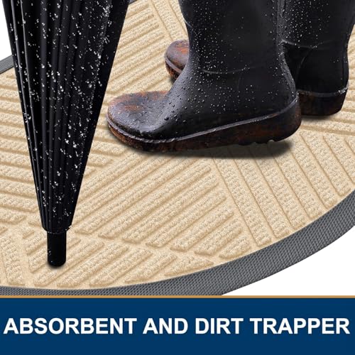 Image of Smiry Half Circle Front Door Mat Outside Entrance, Heavy Duty Sturdy Natural Rubber Doormat, Trap Dirt and Moisture, Low Profile Mats for Indoor Outdoor Entry, Irregular Triangle (35x23, Beige)