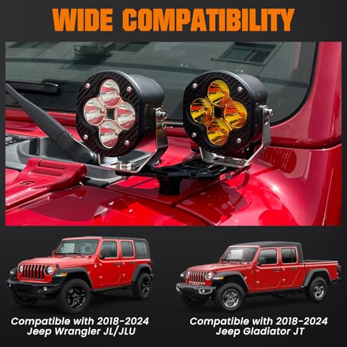 Image of Dual Light Bar Hood Mounting Brackets for 2018-2025 Jeep Wrangler JL JLU 4xe Gladiator JT Accessories, Ditch Light Cowl Mounts Fog Light Mount A-Pillar LED Light Pod Brackets, 2 Count