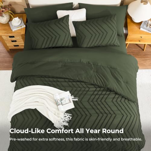 Image of Litanika Oversized Queen Size Comforter Set with Sheets Olive Green - 7 Pieces Bed in a Bag Oversized King Boho Tufted Complete Bedding Sets with Comforter, Sheets, Pillowcases & Shams